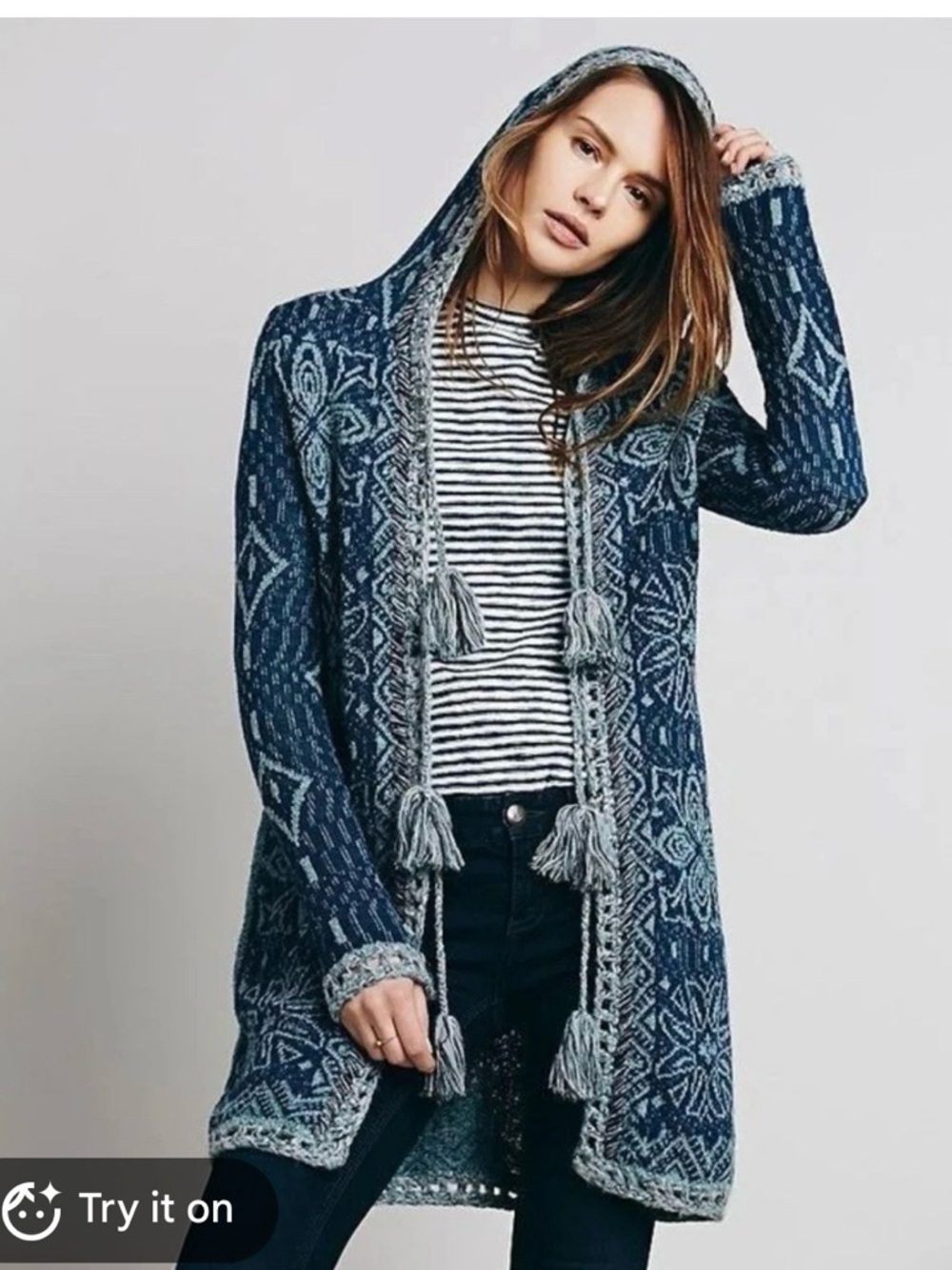 Free People Kai Cardigan M Blue Aztec Hooded Tassel Long Sweater Boho